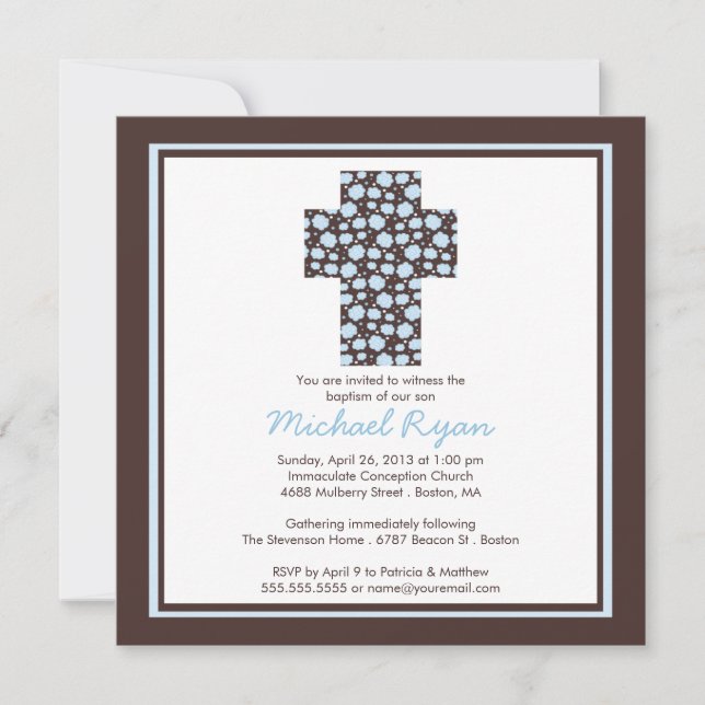 Modern Brown Blue Cross Boys Baptism Invitation (Front)
