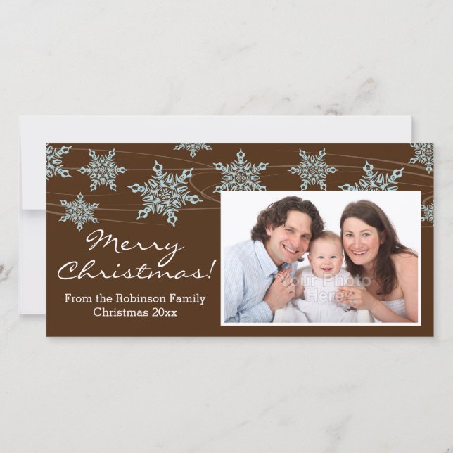 Modern Brown Blue Snowflake Christmas Holiday Card (Front)