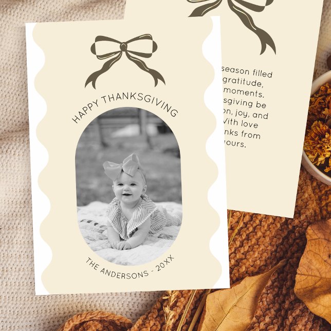 Modern Brown Bow Scalloped Thanksgiving Photo Holiday Card (Creator Uploaded)