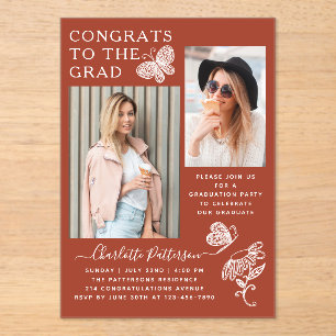 Modern Brown Butterfly Photo Graduation Party Acrylic Invitations