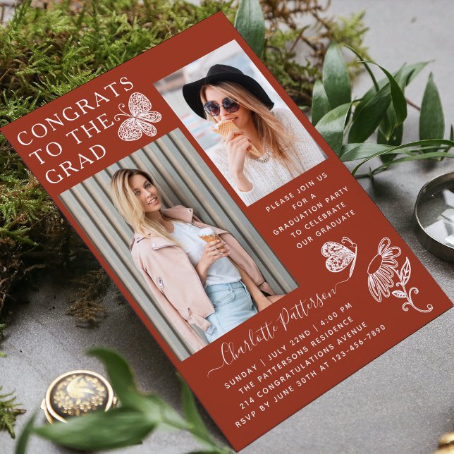 Modern Brown Butterfly Photo Graduation Party Invitation (Creator Uploaded)