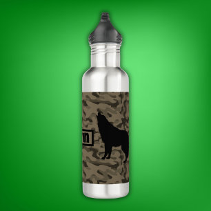 Modern Brown Camo Black Wolf Silhouette Monogram   710 Ml Water Bottle