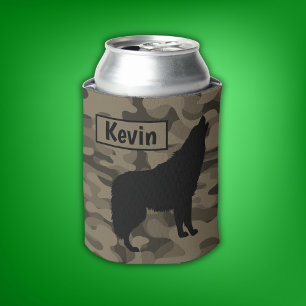 Modern Brown Camo Black Wolf Silhouette Monogram   Can Cooler