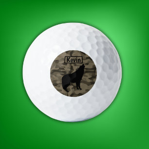 Modern Brown Camo Black Wolf Silhouette Monogram   Golf Balls
