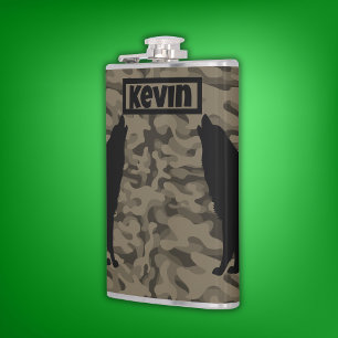 Modern Brown Camo Black Wolf Silhouette Monogram Hip Flask