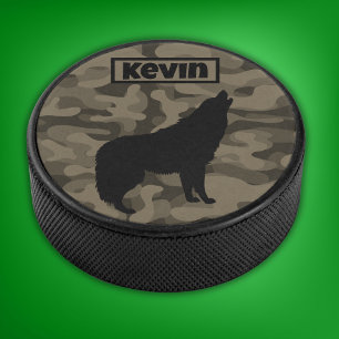 Modern Brown Camo Black Wolf Silhouette Monogram   Hockey Puck