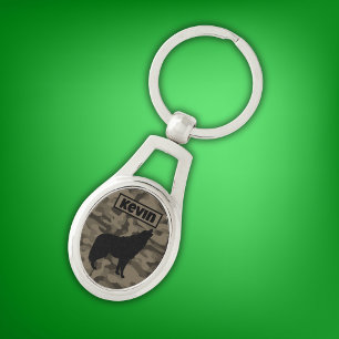 Modern Brown Camo Black Wolf Silhouette Monogram   Key Ring