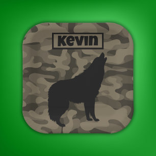 Modern Brown Camo Black Wolf Silhouette Monogram   Paper Plate