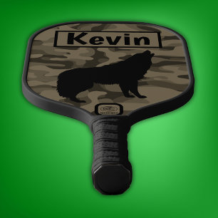 Modern Brown Camo Black Wolf Silhouette Monogram   Pickleball Paddle