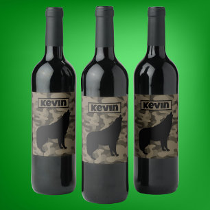 Modern Brown Camo Black Wolf Silhouette Monogram Wine Label