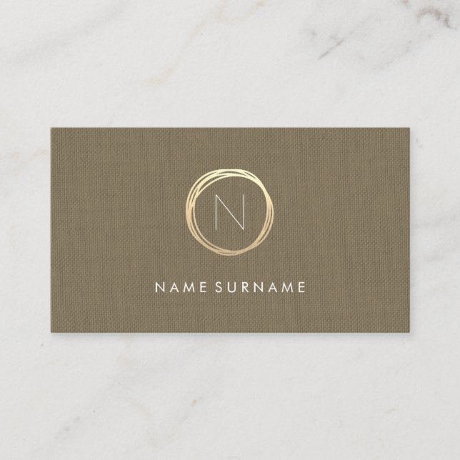 Modern Brown Classic Linen Elegant Gold Monogram Business Card (Front)