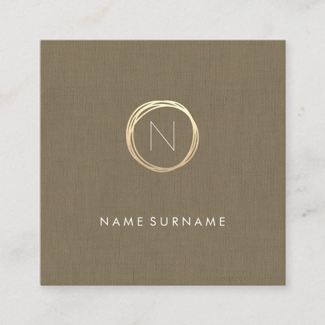Modern Brown Classic Linen Elegant Gold Monogram Square Business Card (Front)