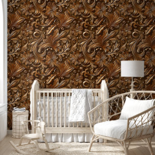 Modern Brown Cowboy Western Carving Floral Pattern Wallpaper