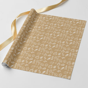 Modern Brown Cute Doodle Pattern Fall Thanksgiving Wrapping Paper