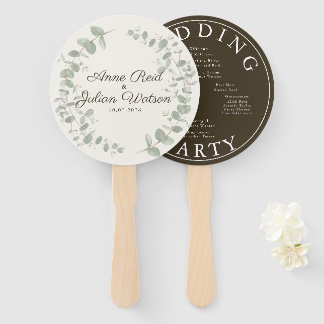 Modern Brown eucalyptus leaves Program Hand Fan (Front and Back)