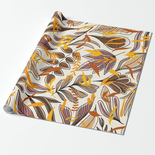 Modern Brown Fall Leaves Illustration Pattern Wrapping Paper (Unrolled)