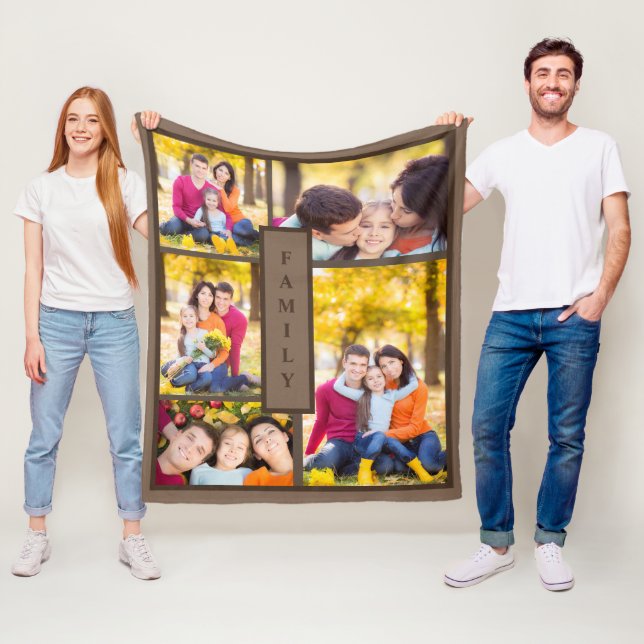 Modern Brown Family 5 Photo Collage Template Fleece Blanket (In Situ)
