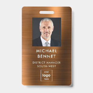 Modern Brown Faux Metallic Corporate Photo ID Badge