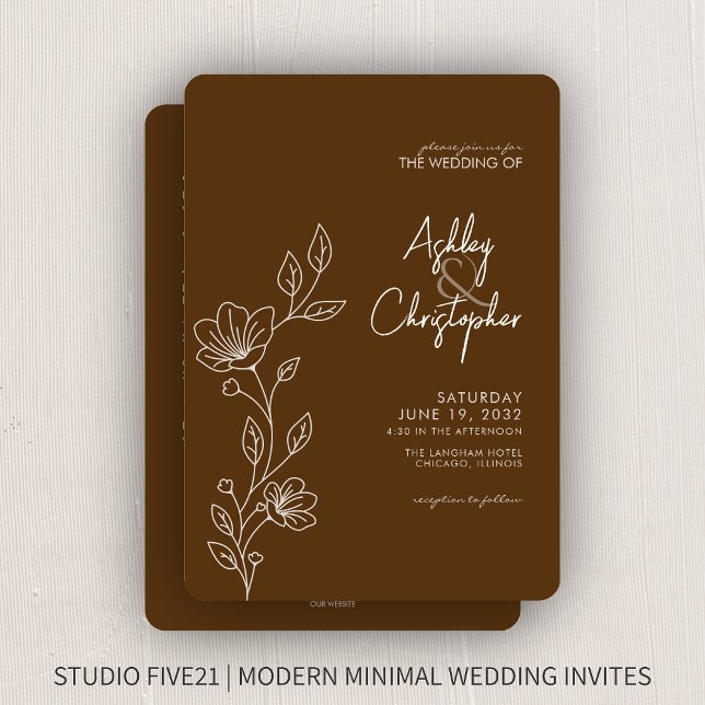 Modern Brown Foliage Outline All-in-One Wedding Invitation (Creator Uploaded)