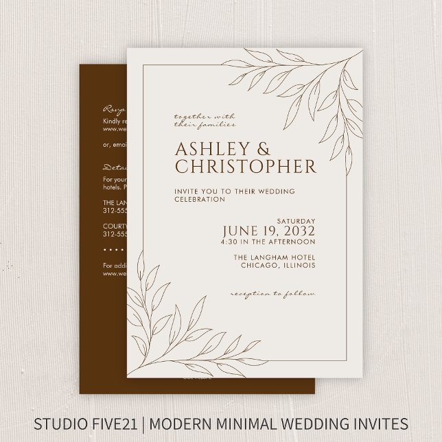 Modern Brown Foliage Outline All-in-One Wedding Invitation (Creator Uploaded)