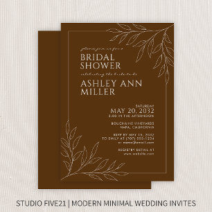 Modern Brown Foliage Outline Wedding Bridal Shower Invitation