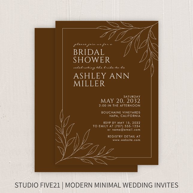 Modern Brown Foliage Outline Wedding Bridal Shower Invitation (Creator Uploaded)