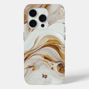 Modern brown gray swirly marble texture monogram iPhone 15 pro case