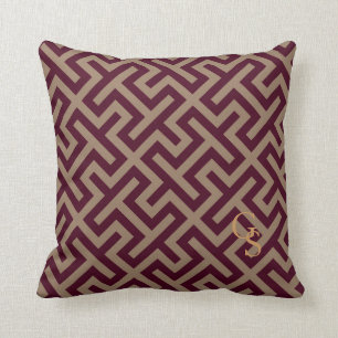 Modern brown greek key geometric pattern monogram cushion