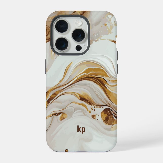 Modern brown grey swirly marble texture monogram iPhone case (Back)