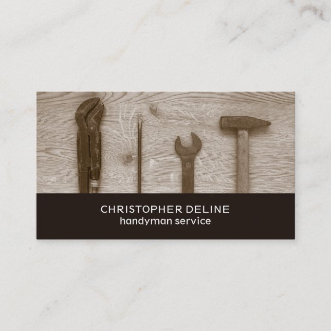 Modern Brown Hand Tools Photo Handyman Service Business Card (Front)