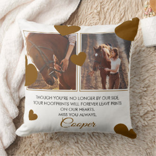 Modern Brown Hearts Horse Memorial Two Photos Cushion