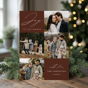 Modern Brown Joy to the World 5 Photo Holiday Card