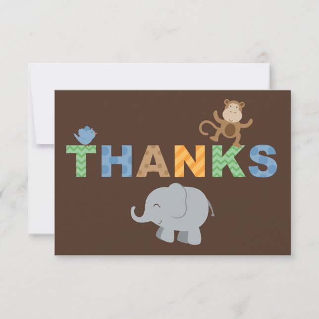 Modern Brown Jungle Animals Boy Baby Shower Thank You Card (Front)