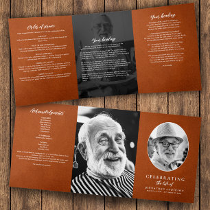 Modern Brown Leather 3-Photo Funeral/Memorial Tri-Fold Programme