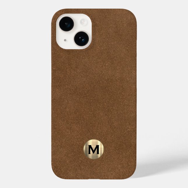 Modern Brown Leather Brushed Gold Monogram Case-Mate iPhone Case (Back)