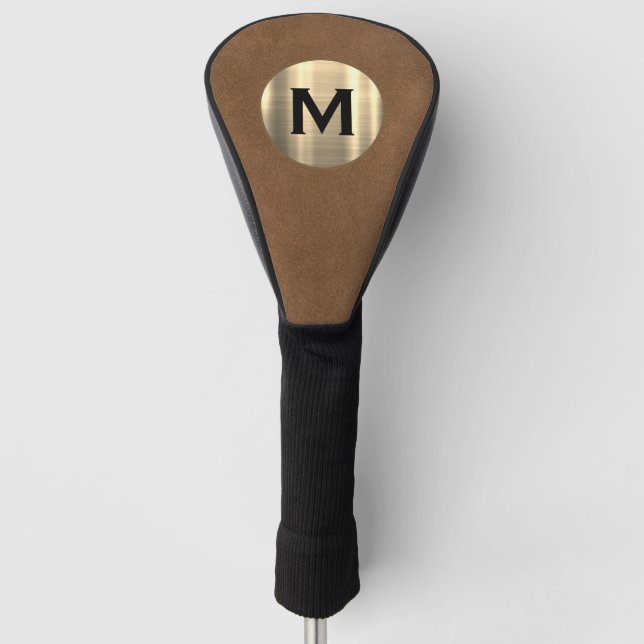 Modern Brown Leather Brushed Gold Monogram Golf Head Cover (Front)