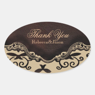 modern brown leather damask country thankyou oval sticker