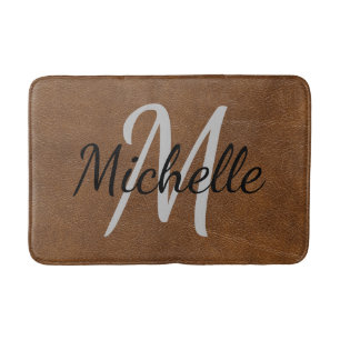 Modern Brown leather Typography & Name Monogram Bath Mat