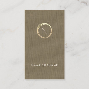 Modern Brown Linen Elegant Gold Monogram Vertical Business Card