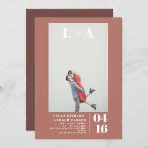 Modern brown minimalist initials photo wedding invitation