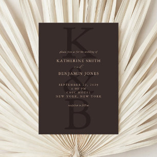 Modern Brown Minimalist Monogram Wedding Invitation