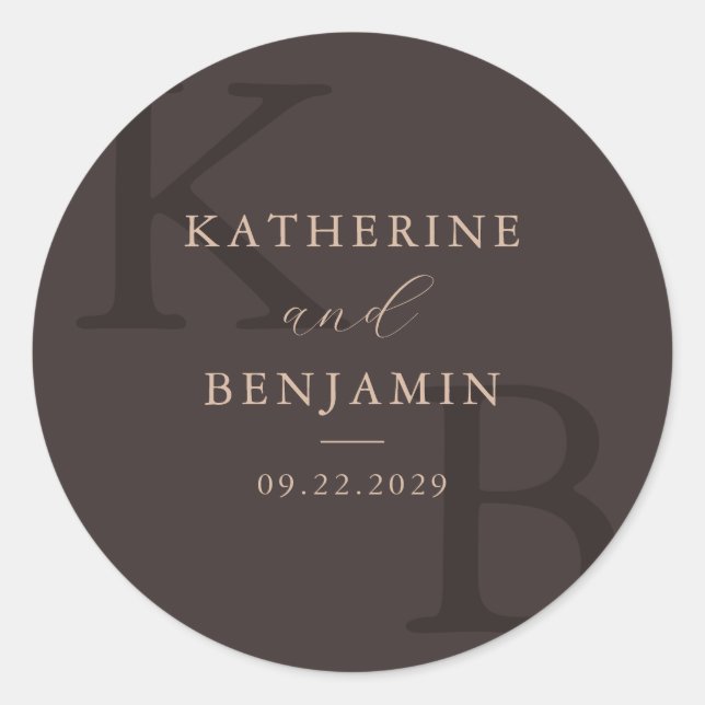 Modern Brown Monogram Minimalist Wedding Classic Round Sticker (Front)