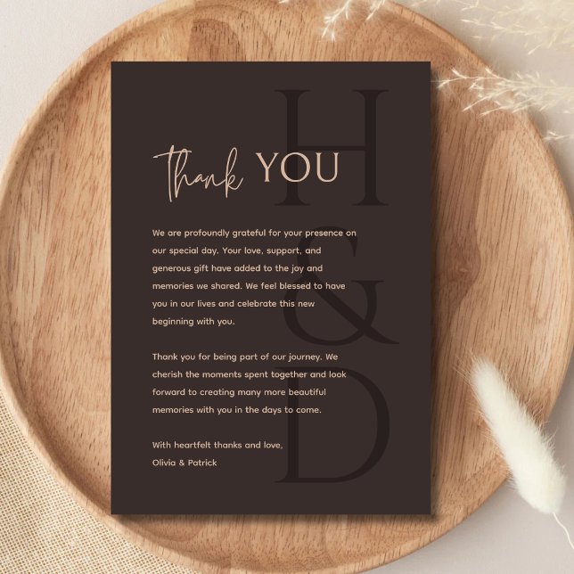 Modern Brown Monogram Minimalist Wedding Thank You Card (Creator Uploaded)