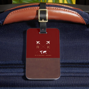 Modern Brown/Red Travel Luggage Tag with Name