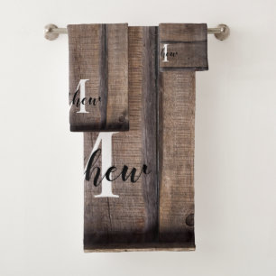 Modern Brown Rustic Monogram Script Name  Bath Towel Set