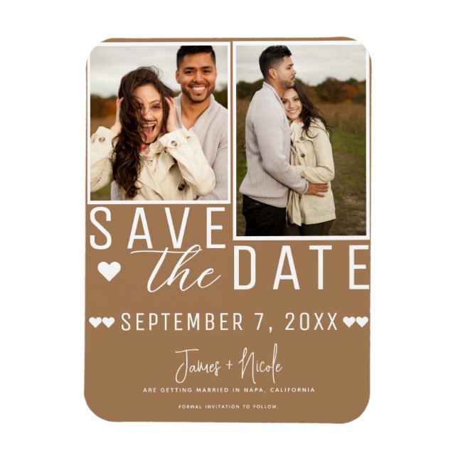 Modern Brown Save the Date 2 Photo Wedding Magnet (Vertical)
