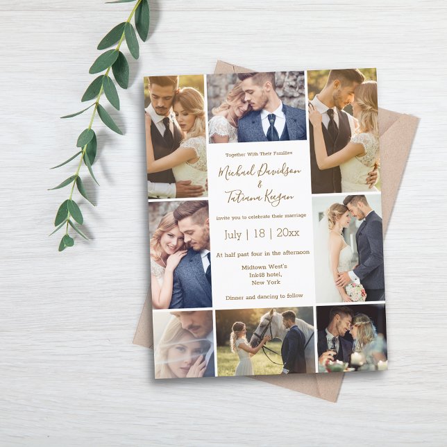modern brown script 8 photos collage wedding  invitation (Creator Uploaded)