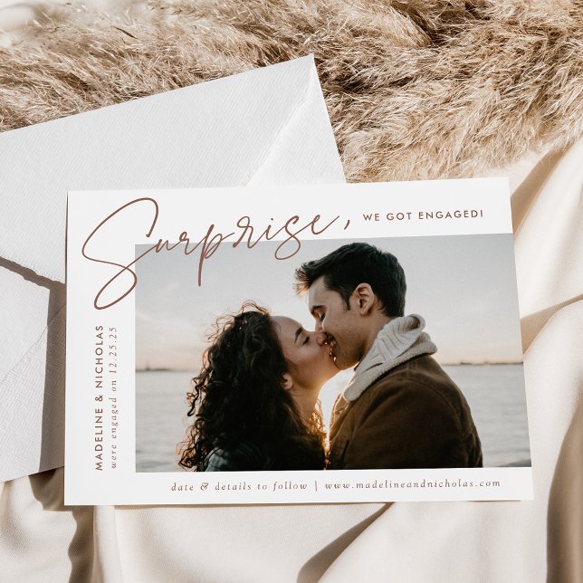 Modern Brown Script Surprise Photo Engagement Announcement (Creator Uploaded)
