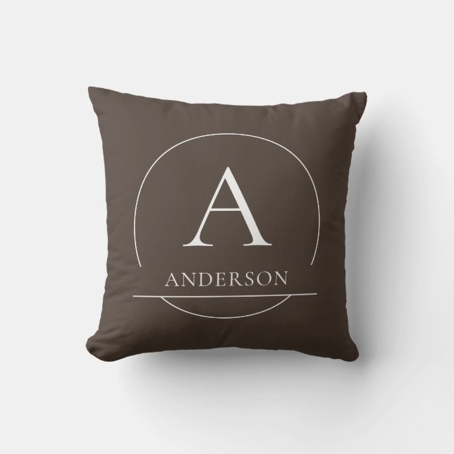 Modern Brown Simple Initial Family Name Monogram Cushion (Front)