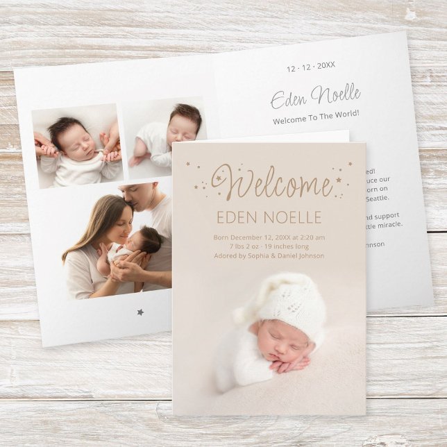 Modern Brown Stars Birth Announcement Folded Card (Modern, elegant brown calligraphy "Welcome" with stars birth announcement folded photo collage card.)